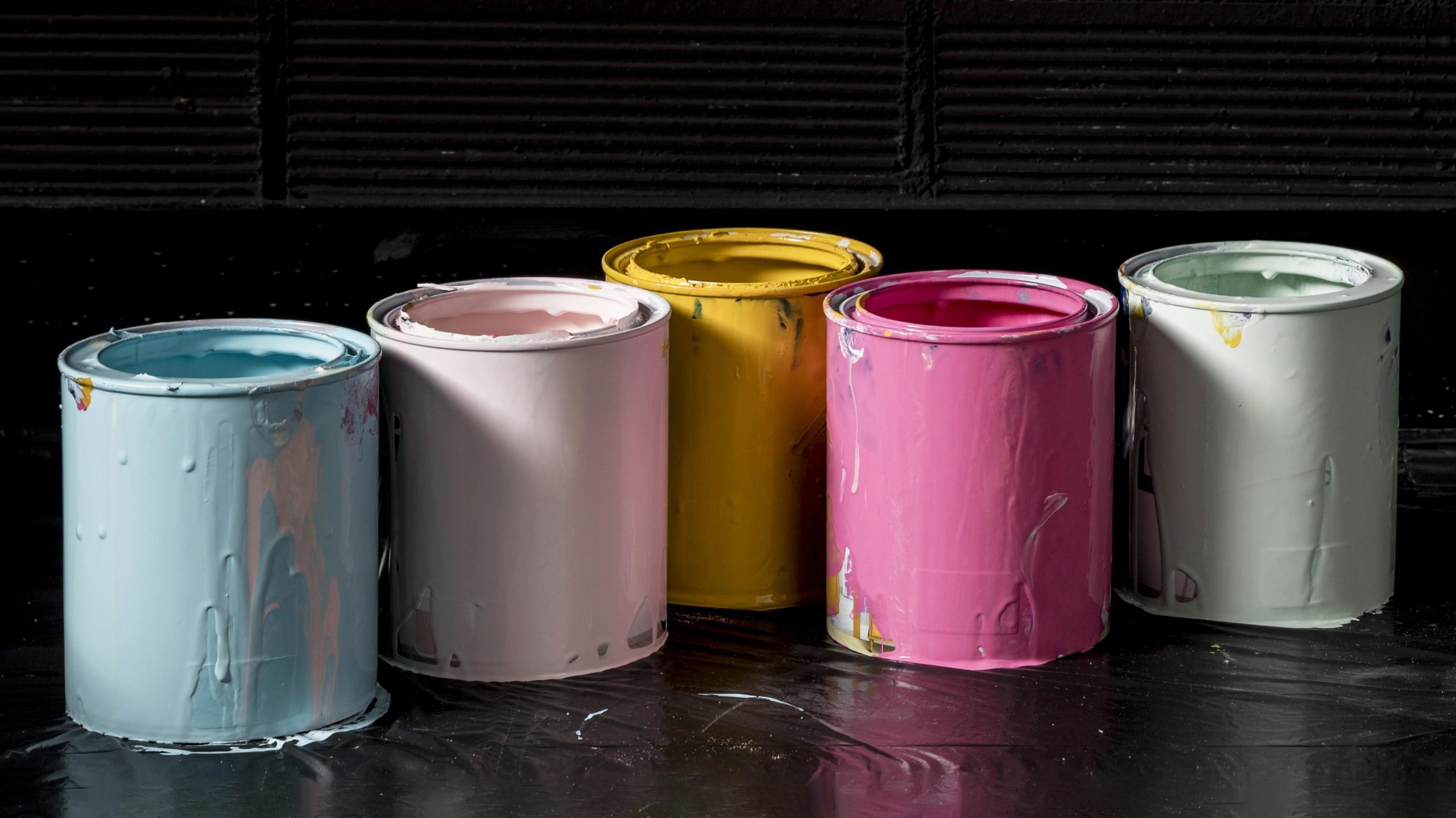 colored paint buckets