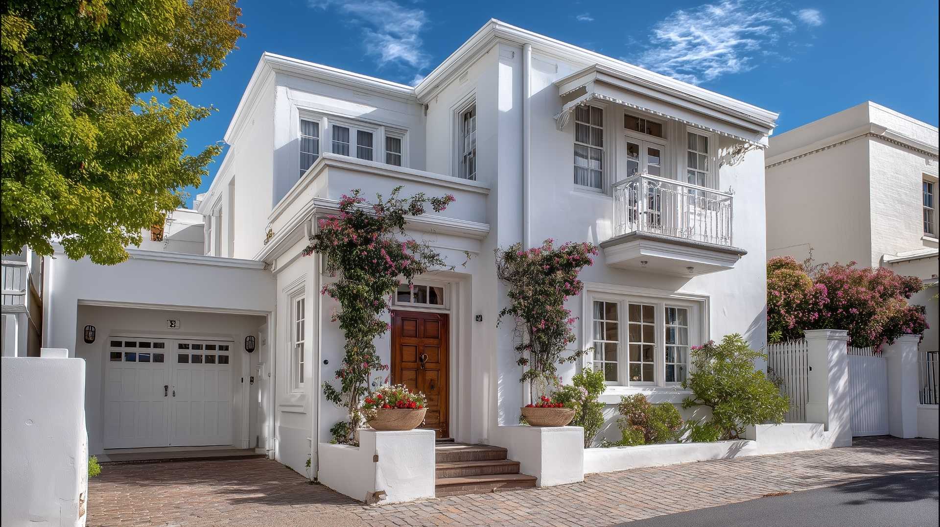 Modern white paint Art Deco style house on a corner lot, with prominent chimney stacks and a wooden front door.