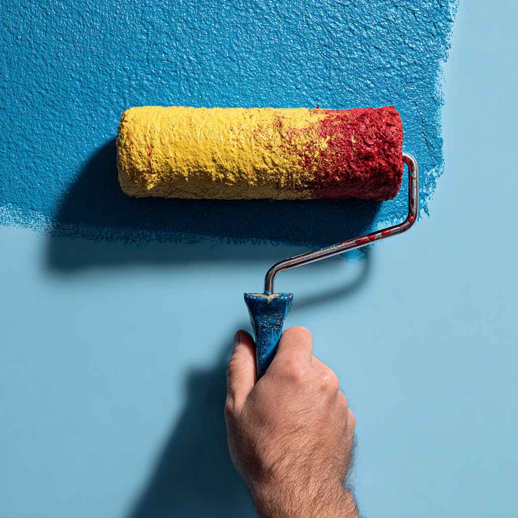 Close-up of roller applying blue paint on wall showing colour coverage and texture.