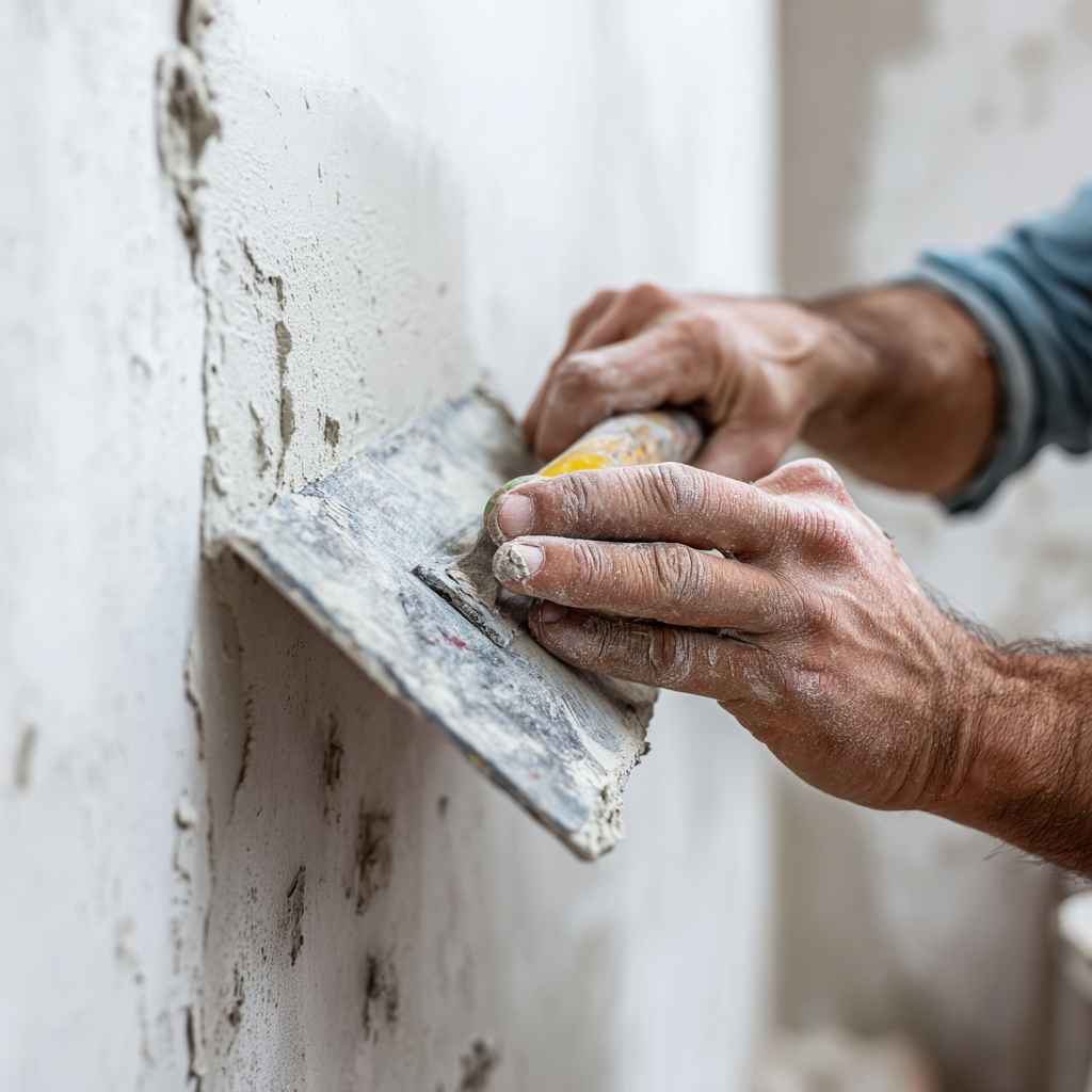 Builder repairing wall surface by applying plaster to fix bubbling and uneven texture.