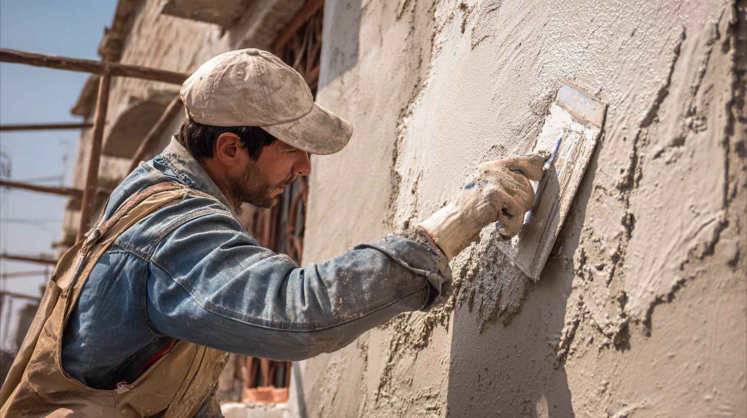 Worker repairing wall after ceiling leak damage using plaster and cement.