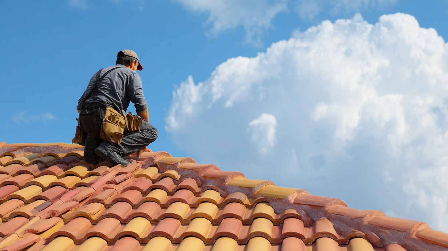 Roofer repairing tiles to stop ceiling leak and prevent further water intrusion.