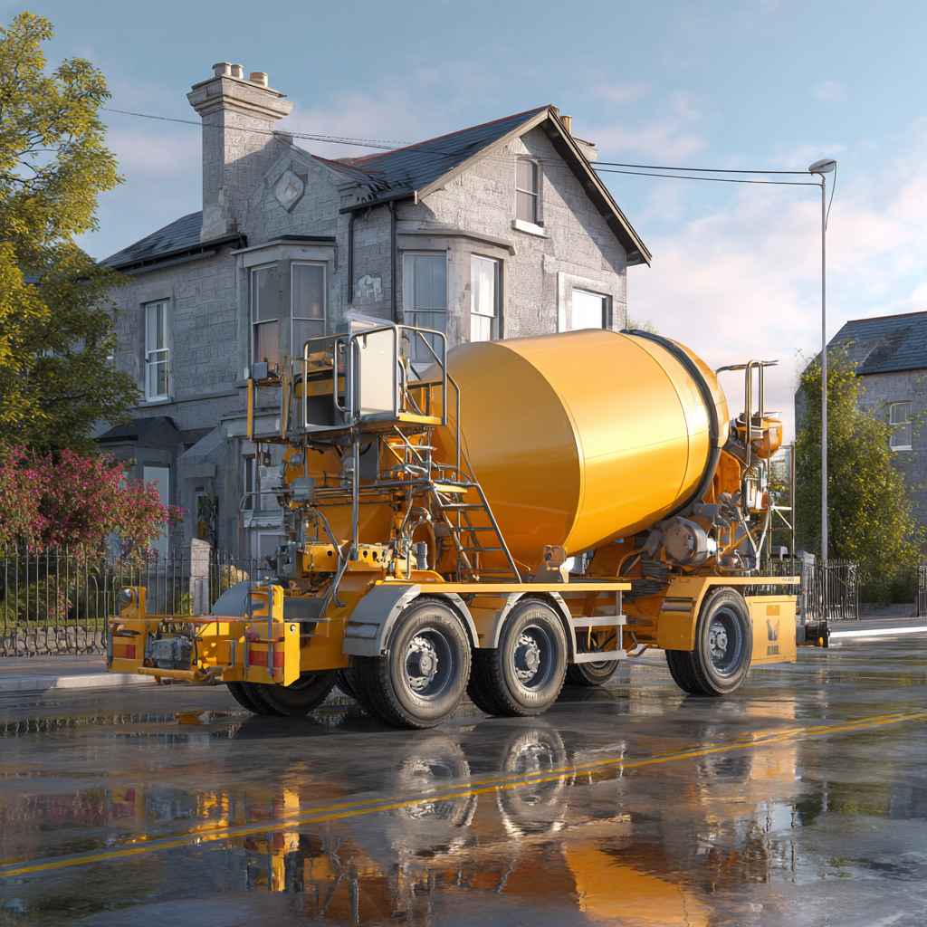 Construction site with yellow cement mixer preparing materials for silicone render