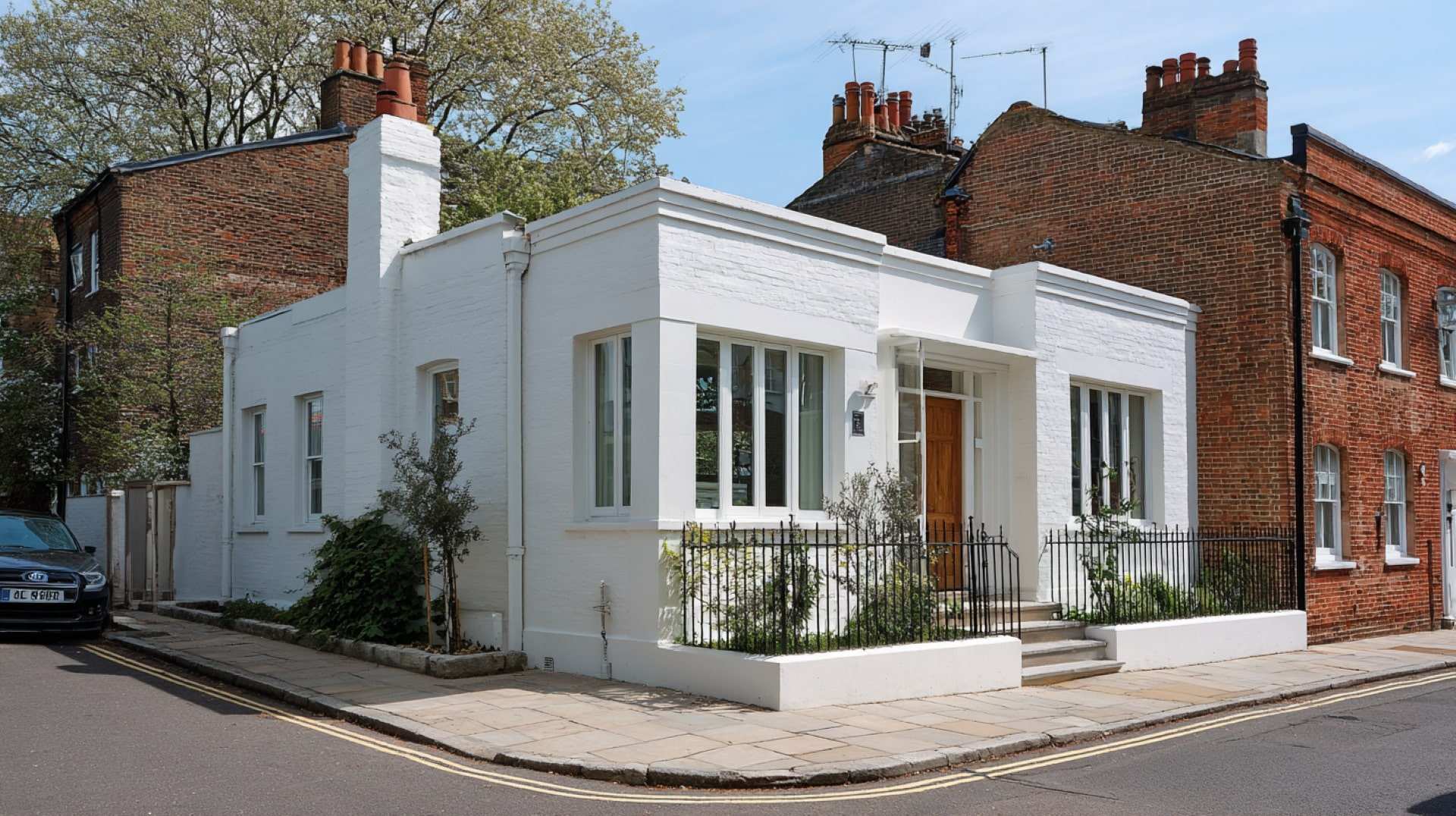 Charming white house exterior with a prominent chimney on a sunny day, showcasing classic architecture and design.
