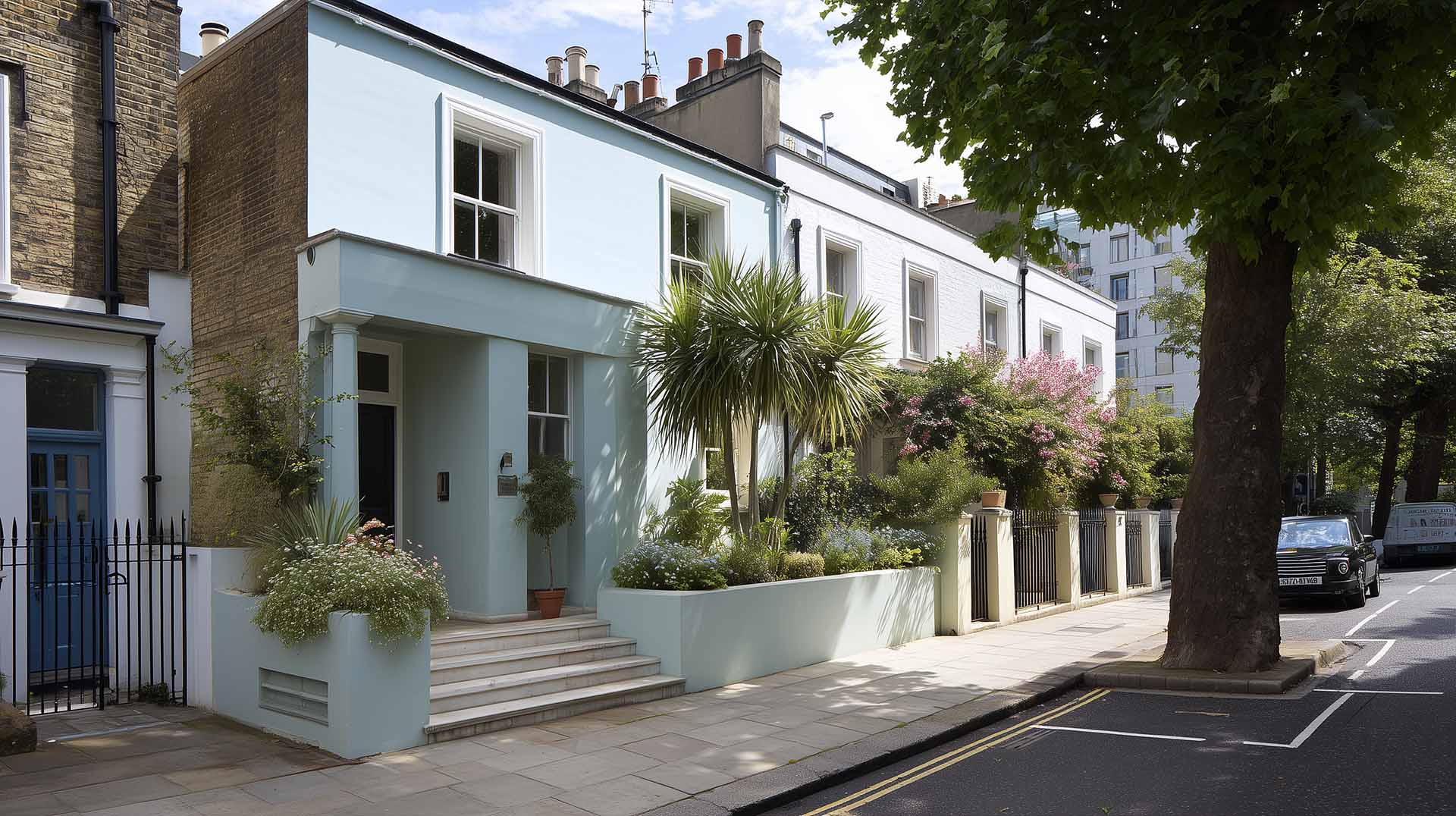 Pastel blue London terrace house showcasing elegant coloured rendering and vibrant exterior design.