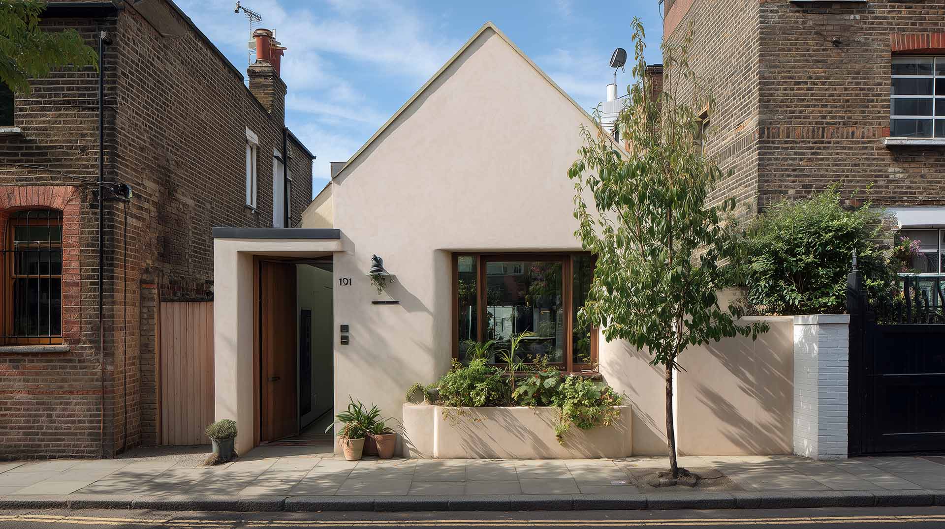 Contemporary single-storey home with clean render and natural wood accents.