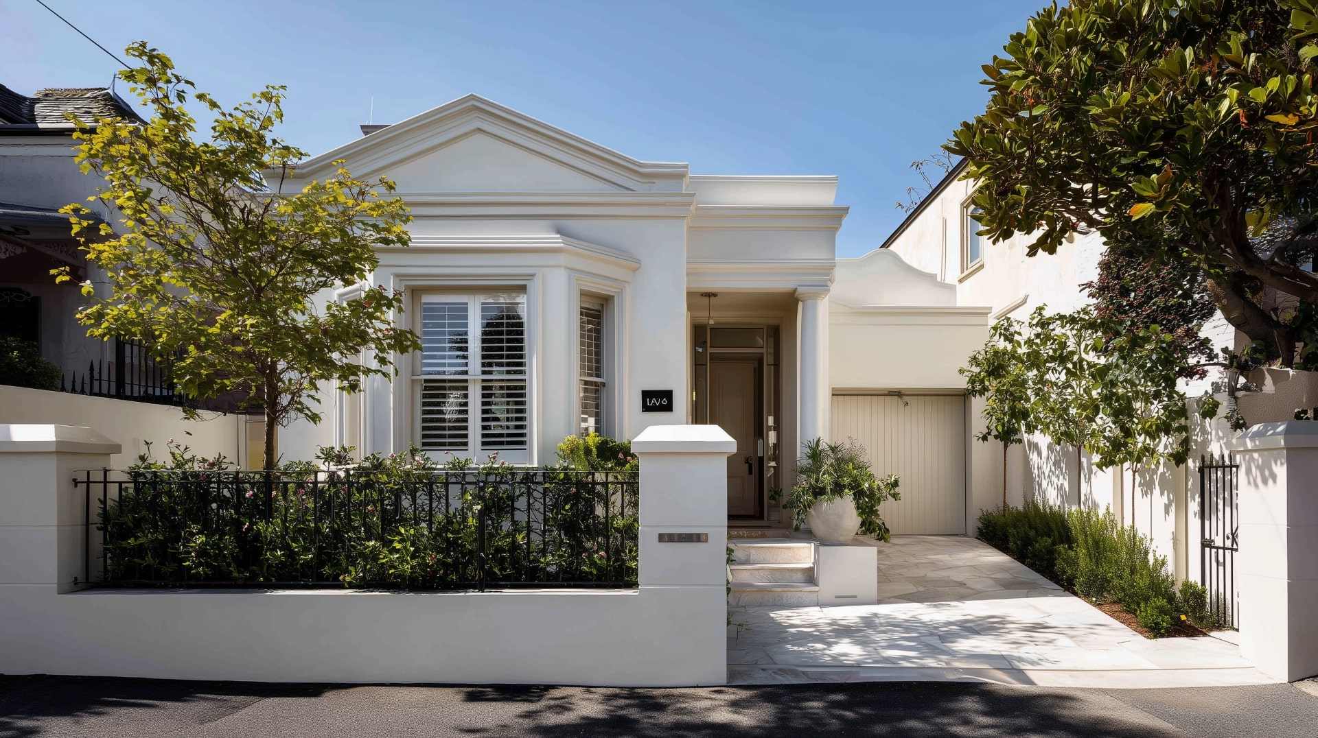Contemporary house facade with white exterior walls and black fence.