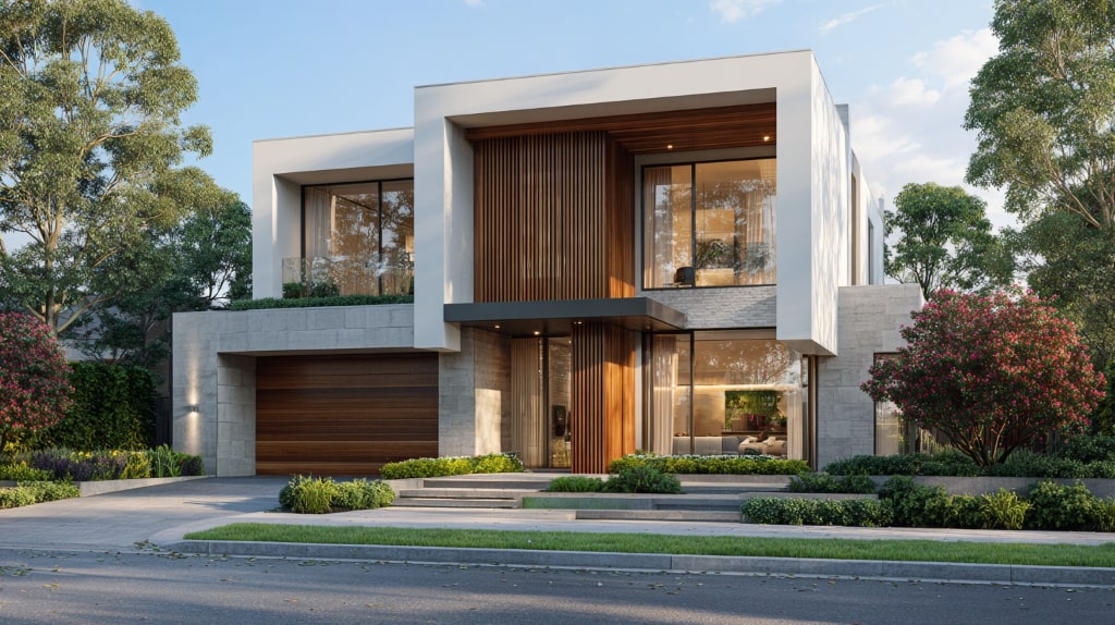 Contemporary luxury house with wood and glass design surrounded by lush greenery.