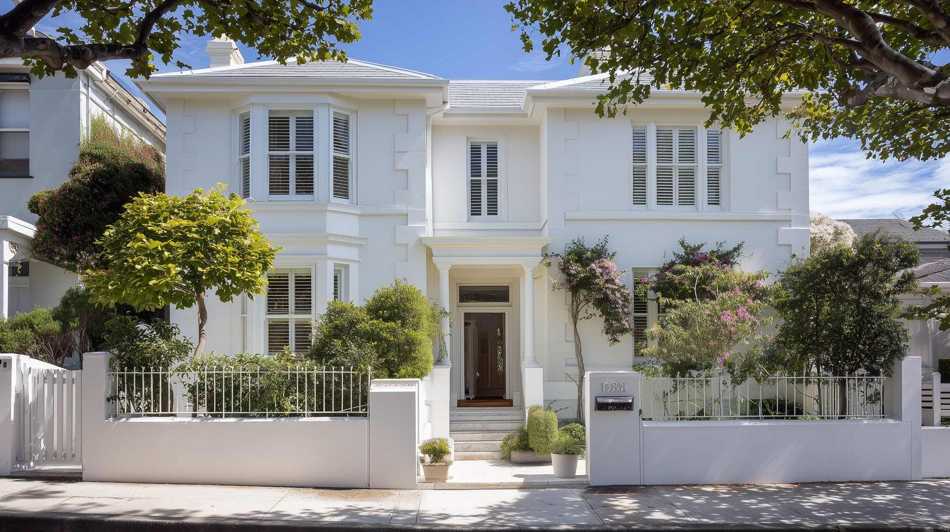 Contemporary rendered house with bay windows, lush greenery, and a bright white finish.