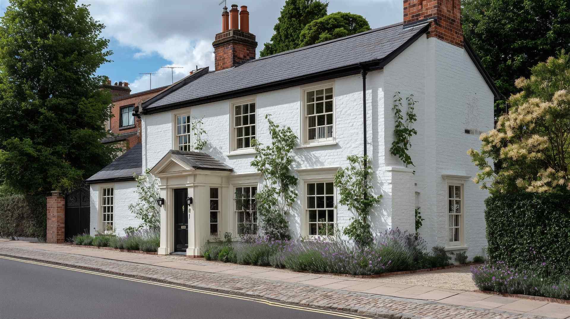 Charming white-paint cottage exterior with a terracotta roof, wooden windows, and leafy vines climbing the wall.