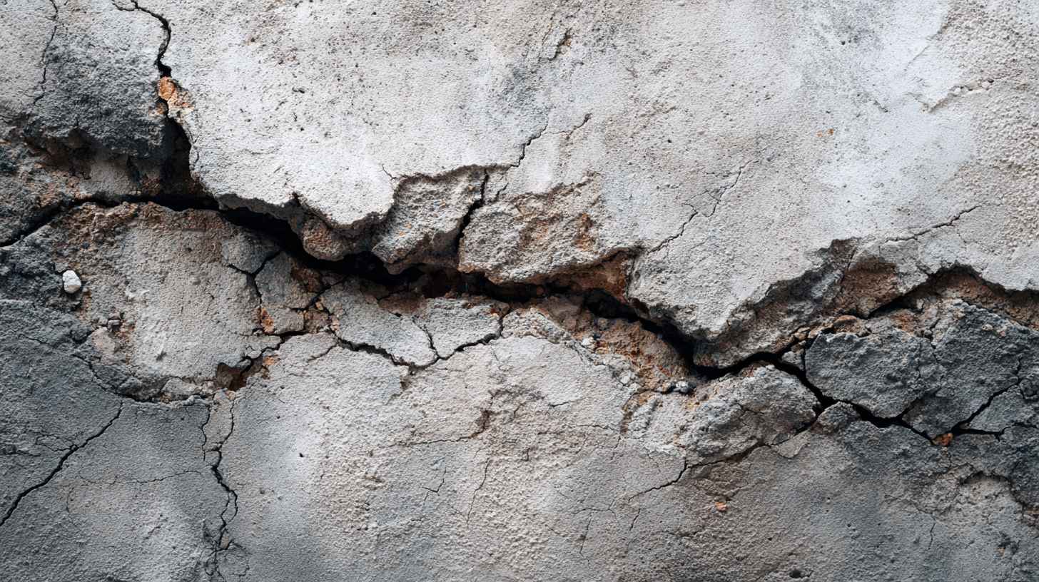 Severely cracked concrete walls showing deep structural damage and surface erosion.