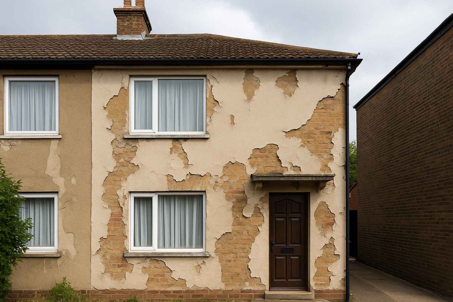 Cracked and flaking render on front house wall exposing brickwork beneath the surface.