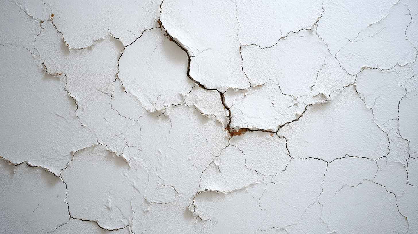 Close-up of white painted walls with cracks and peeling plaster caused by moisture and ageing.