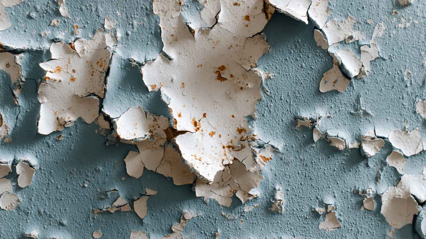 Damaged blue masonry wall with flaking white paint and surface cracks