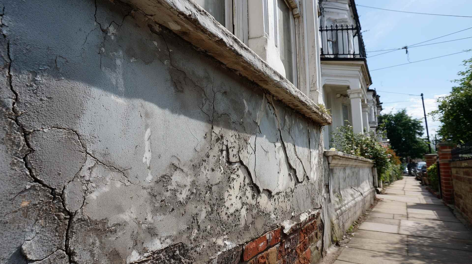Close-up of damaged plaster wall with deep surface lines and peeling areas before repair cracks process