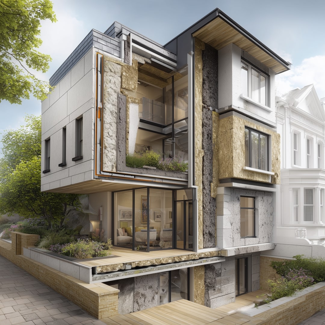 Modern house cross-section showing insulation layers preventing damp and moisture buildup.