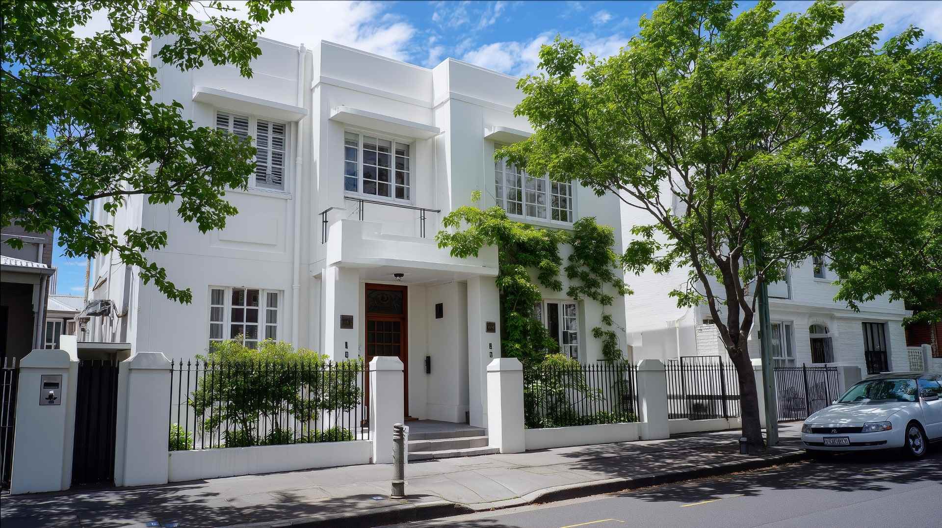Modern white rendered home exterior protected with high-quality Damp Proof Paint finish.