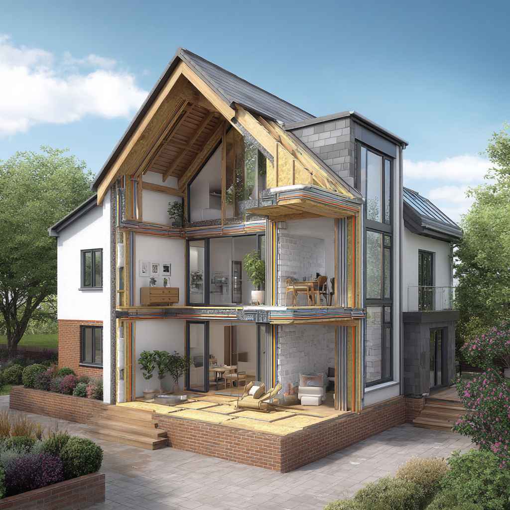 Cross-section of modern house showing insulation and Damp Proofing layers for moisture control.
