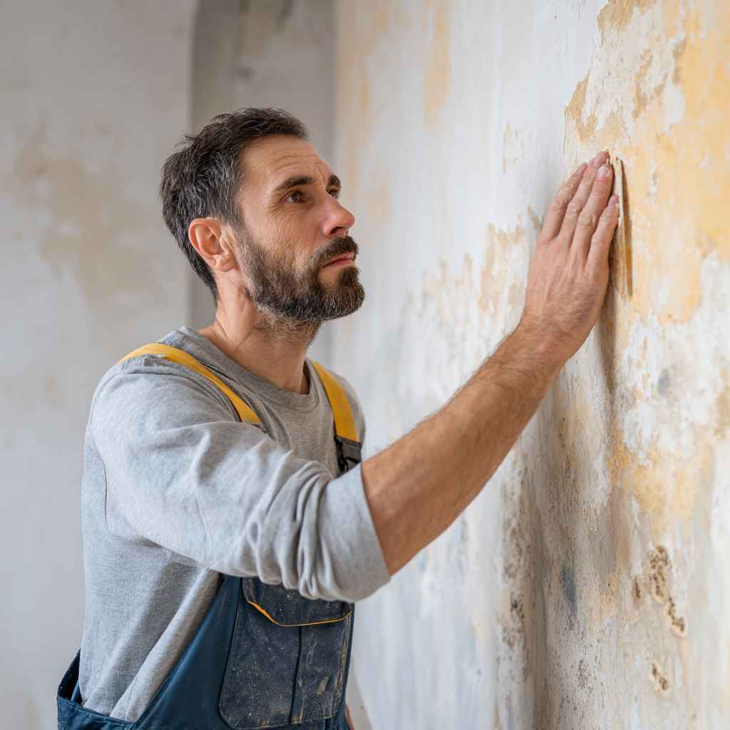 Professional inspecting and treating a wall surface for effective damp proofing.