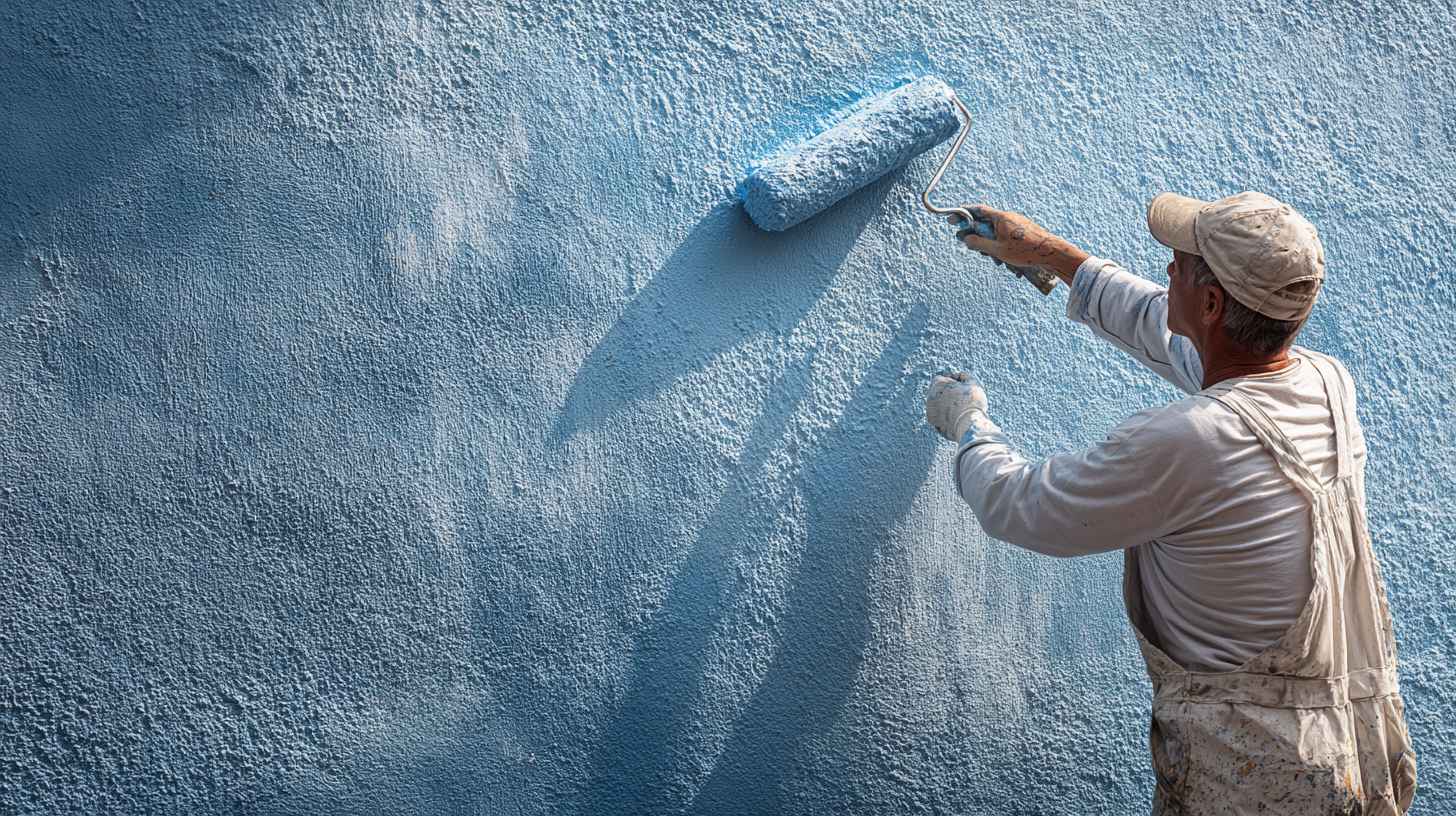 Skilled painter performing E-Coating on blue textured wall for enhanced weather protection.
