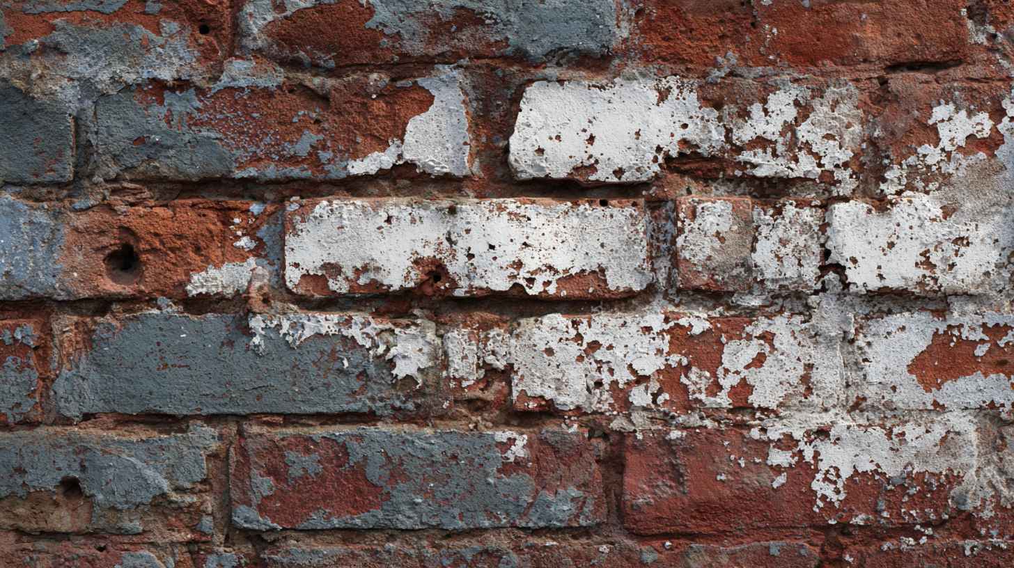 Efflorescence on brick wall with grey and white residue caused by moisture and mineral buildup.