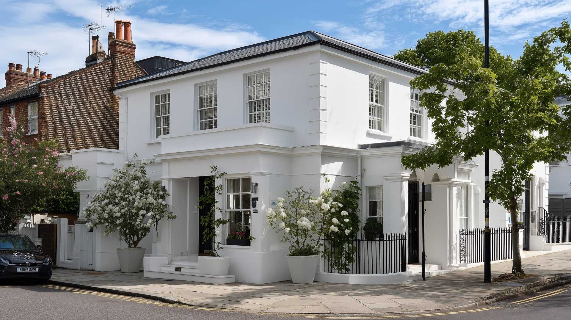 Elegant white house exterior on a corner lot, featuring a sleek design, ornate windows, and a subtle chimney.