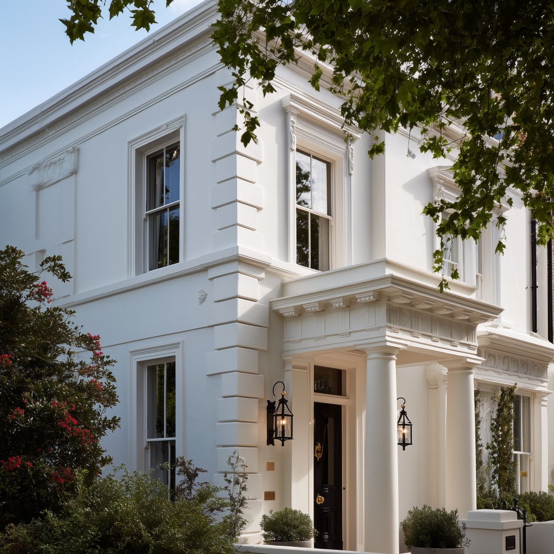 Elegant white townhouse featuring monocouche render for superior protection and curb appeal.