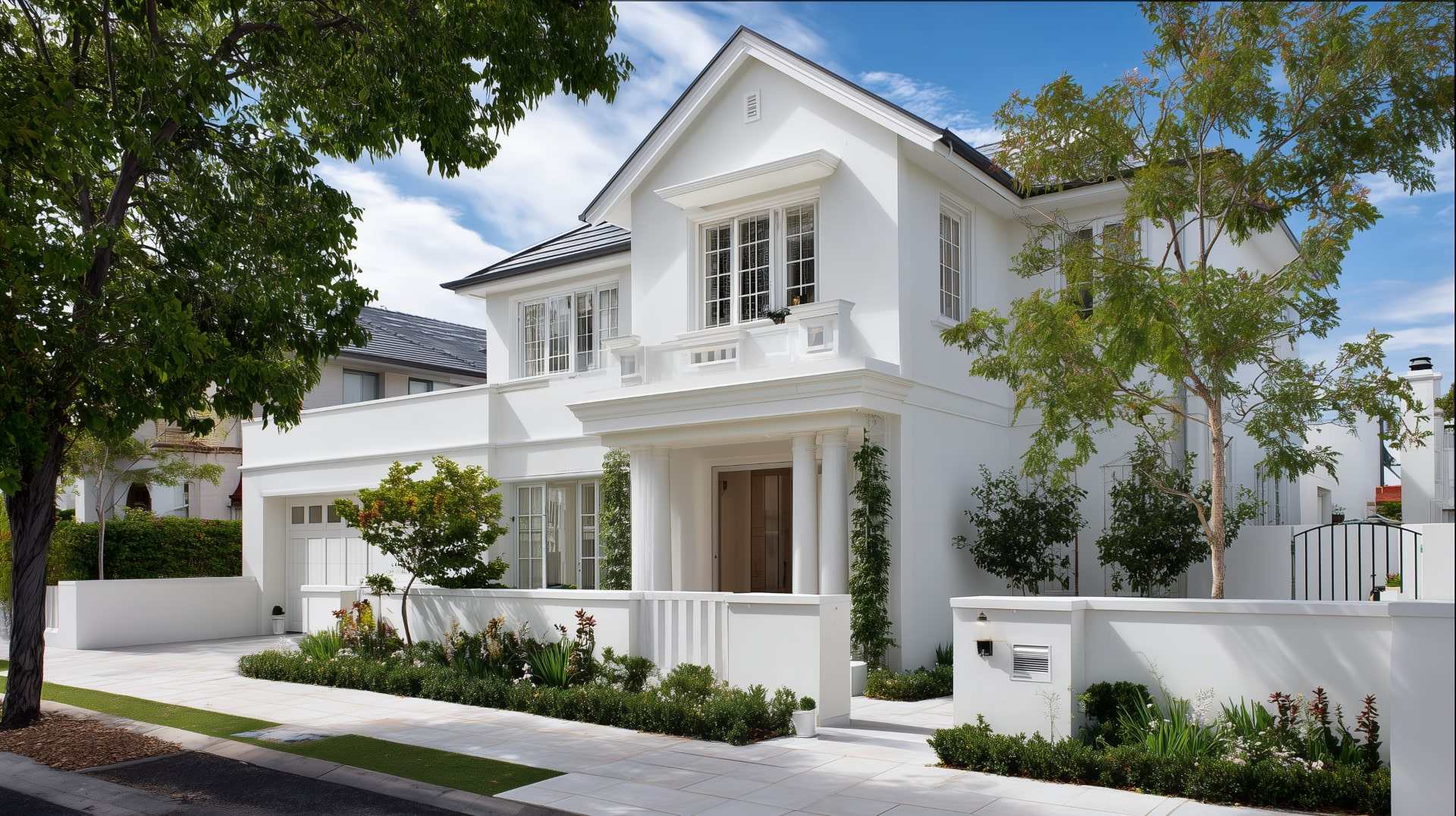 Elegant two-storey rendered house with classic columns and landscaped front garden.