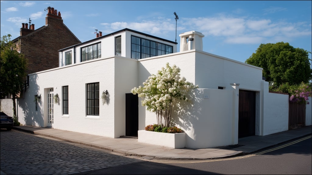 Elegant white corner house with black-framed windows and small garden on a sunny day.
