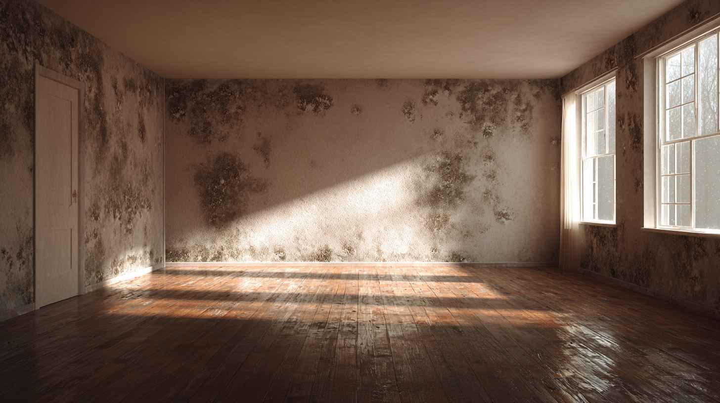 Empty room with black mould on walls and wooden floor showing need to get rid of black mould