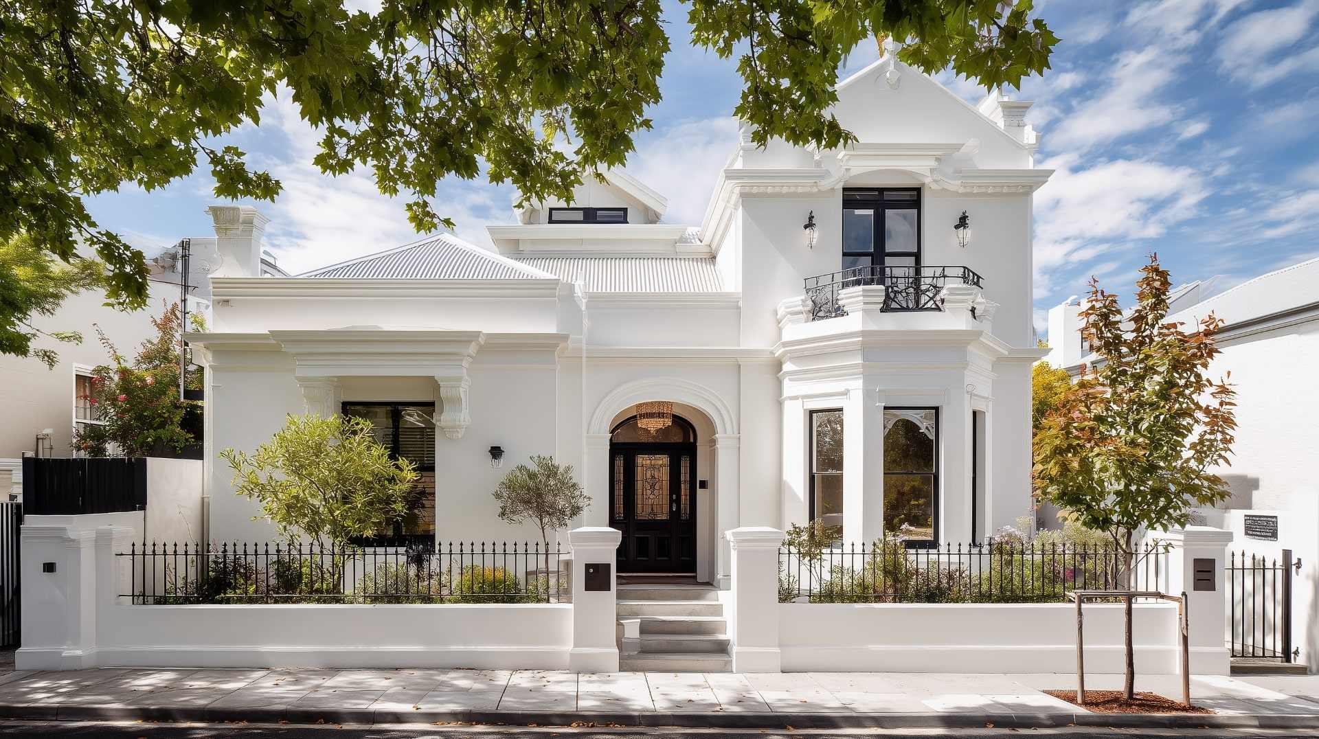 Classic white villa with detailed Exterior House Rendering highlighting architectural elegance.
