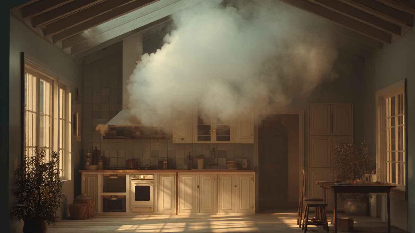 Smoke inside kitchen showing the importance of fire-safe materials and Exterior House Rendering protection.