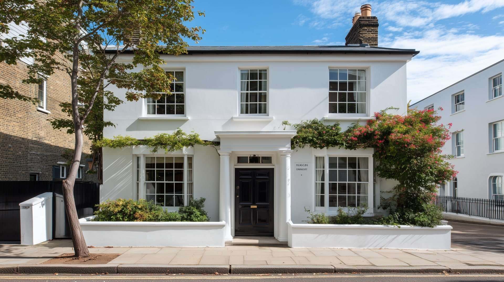 Georgian style house with a classic white wall, black front door, sash windows, and low planters along the sidewalk.