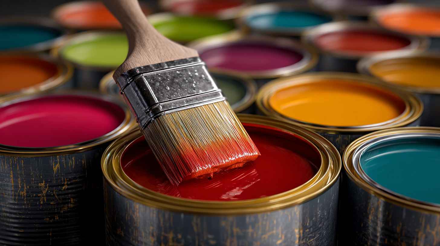 Bright colour paint cans and brush ready for creative home decoration projects.