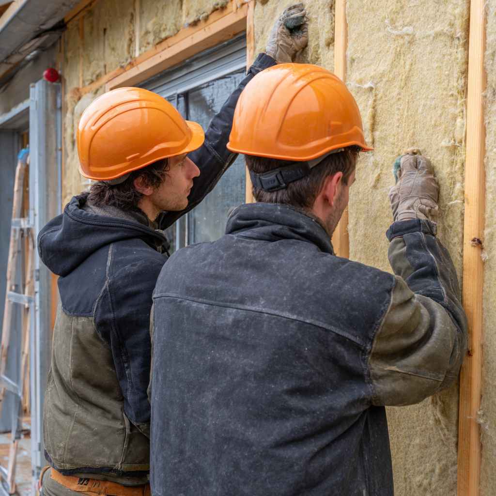 Two builders insulating your garage walls with mineral wool insulation to improve heat retention.