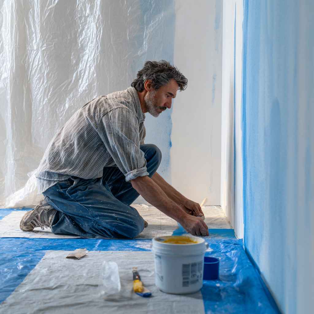 Painter taping edges and protecting floor before interior wall spray painting.