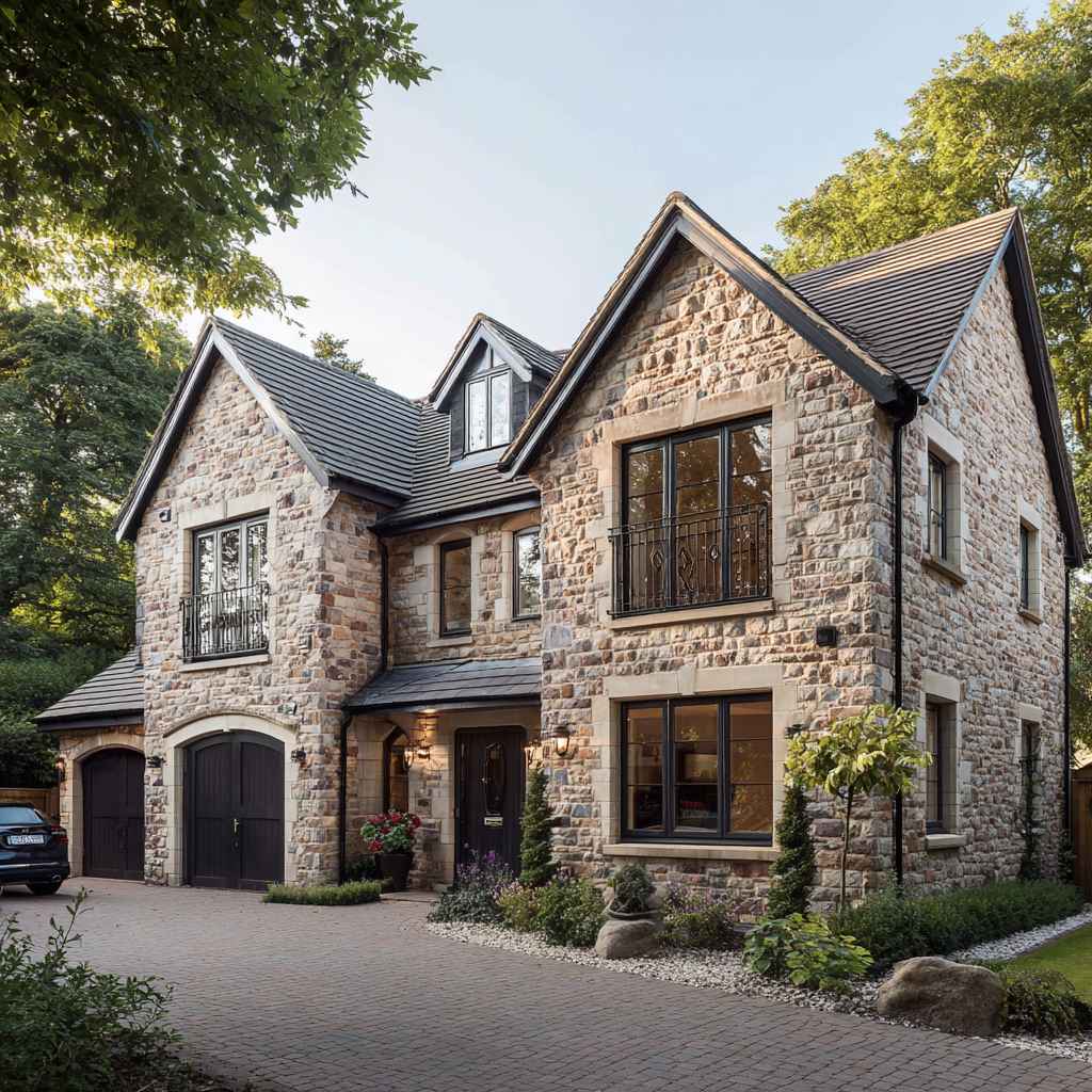 Luxury detached home with traditional architecture and elegant stone cladding finish.