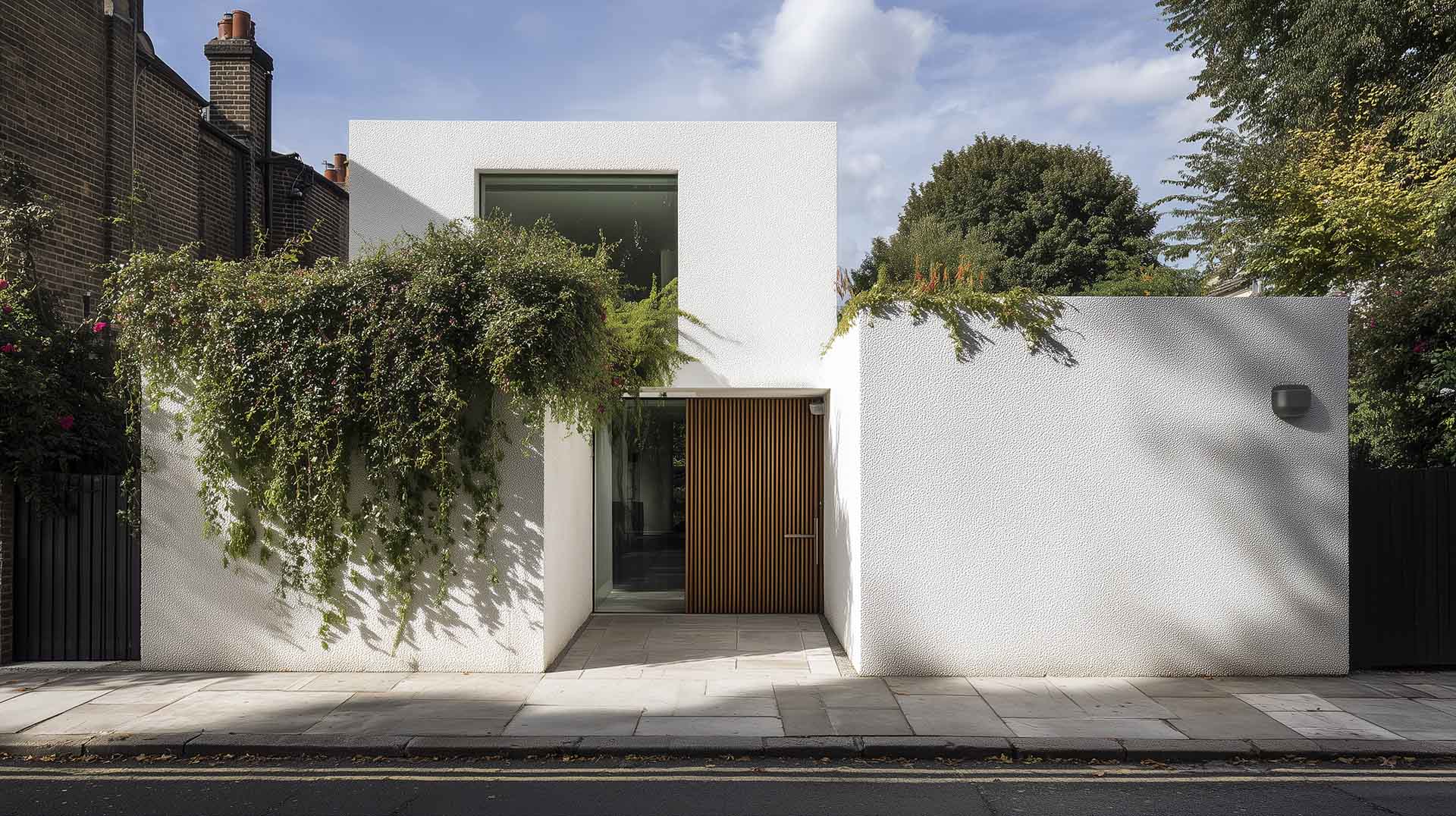 Modern minimalist home with smooth pebbledash facade and greenery cascading over white walls.