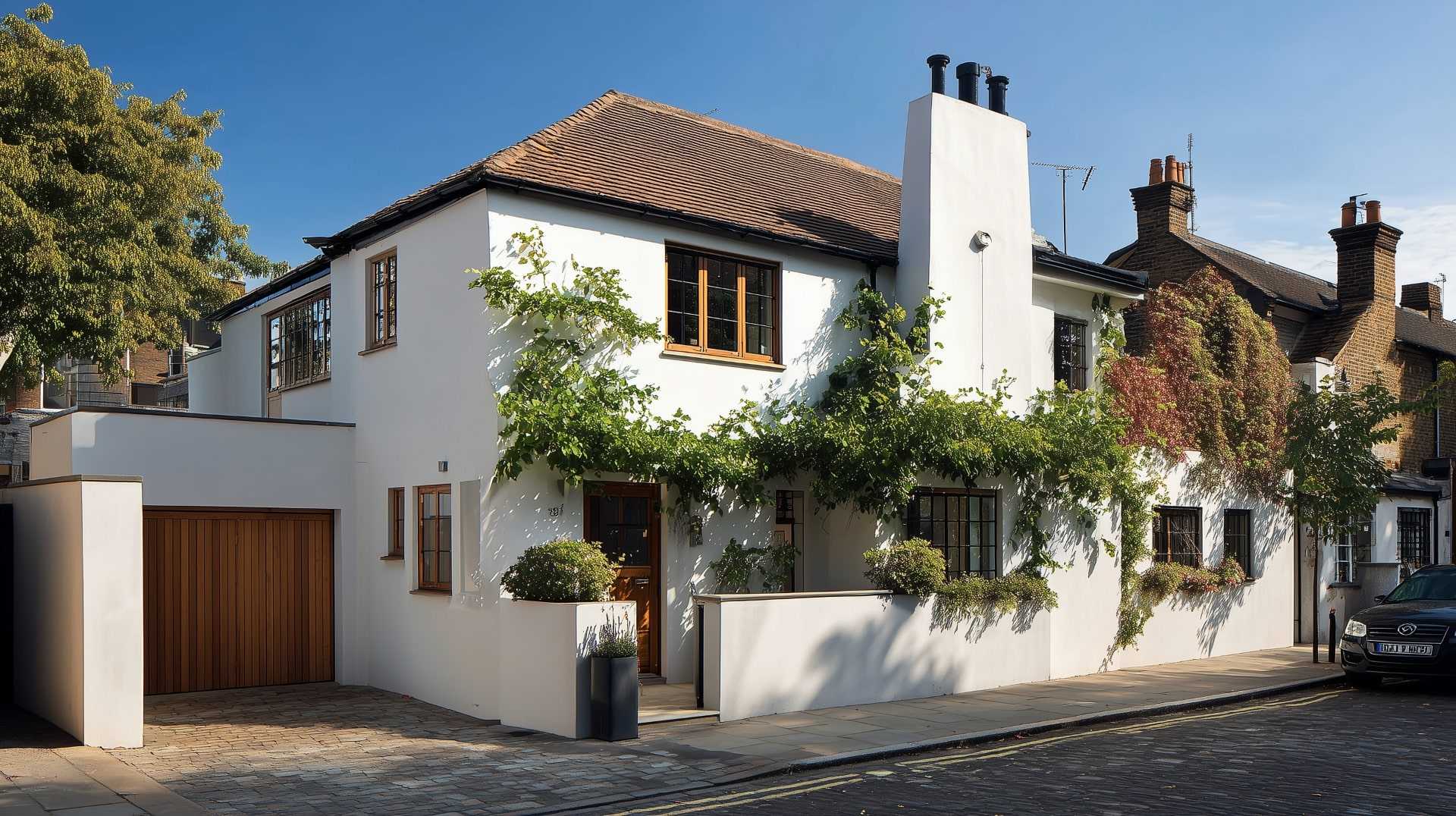 Beautifully designed house exterior with a striking chimney, wooden windows, a garage, and lush greenery.