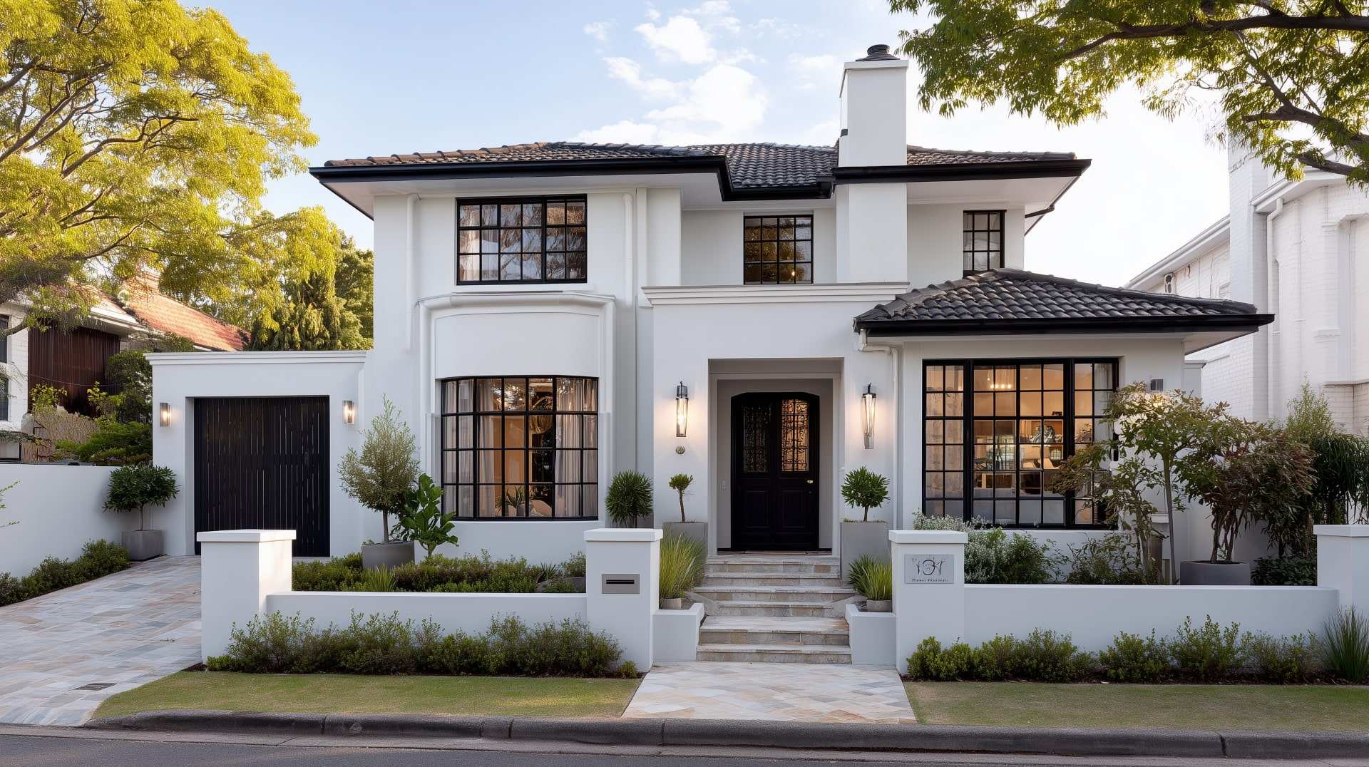 Modern two-storey house with smooth white finish demonstrating solutions for exterior paint problems.