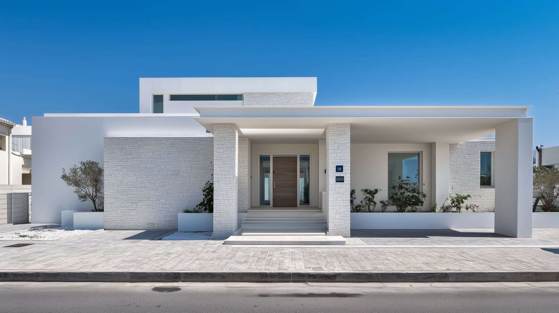 Modern white house with minimalist design, stone walls, and clean architectural lines.
