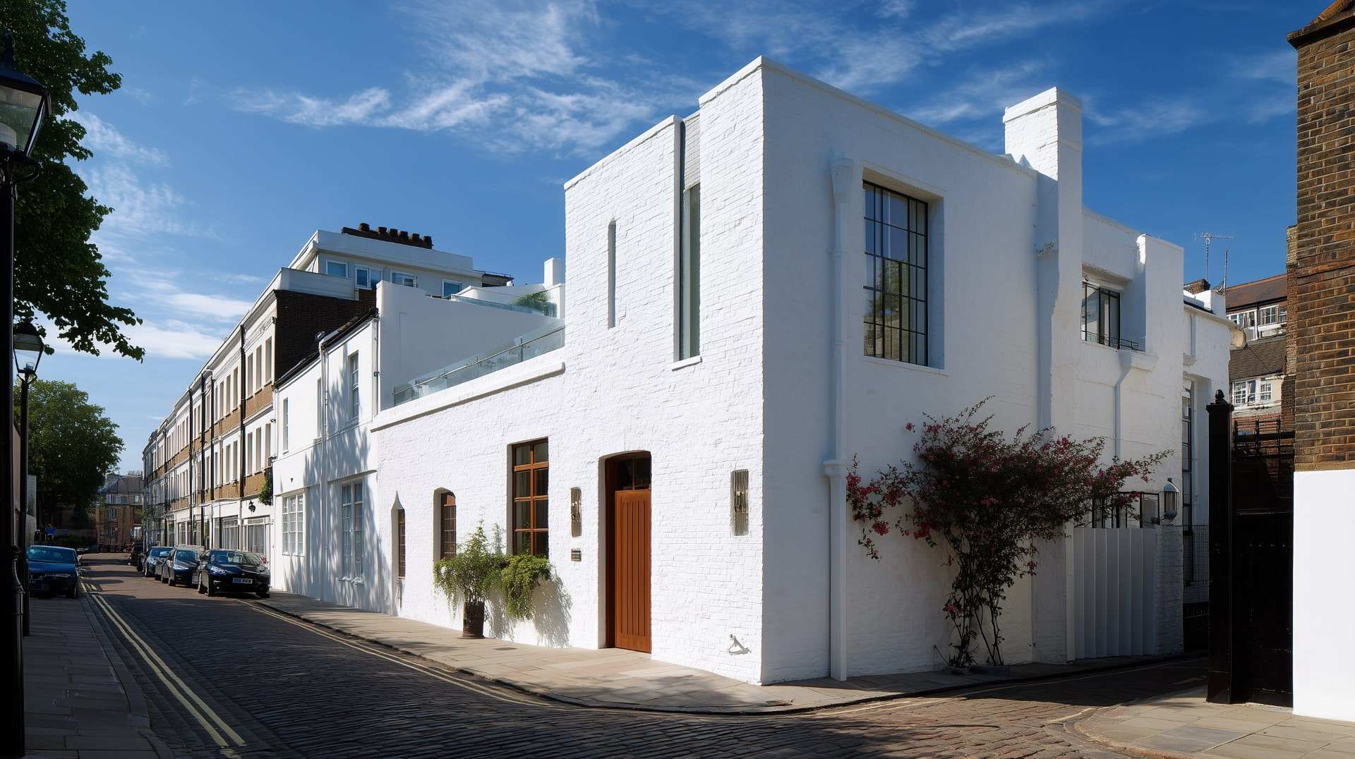 Modern white townhouse with painted brick walls on a quiet street under a clear blue sky.