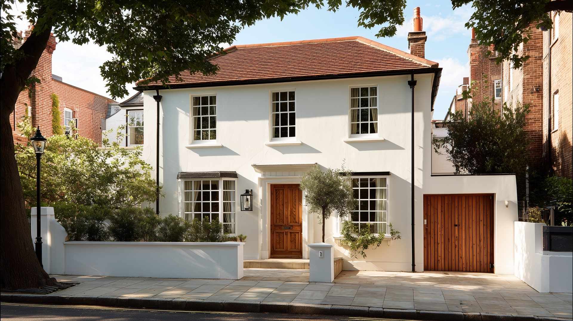 Newly rendered white house exterior with wooden door and garage showcasing smooth rendered wall finish.