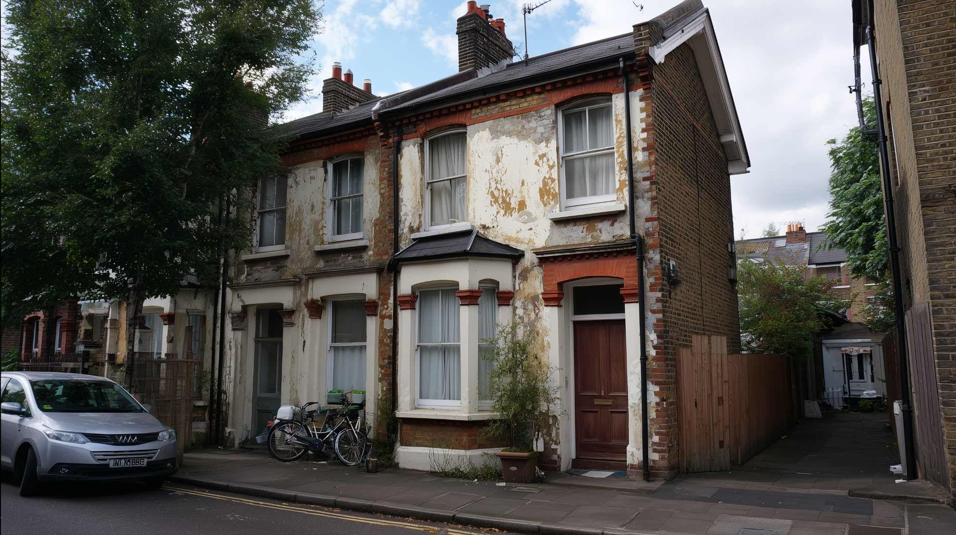 Old brick house exterior with clear coat from peeling and damaged wall surface.