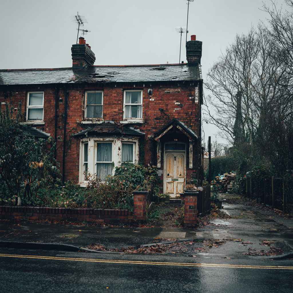 Old brick house exterior damaged and weathered after continuous rains and moisture.