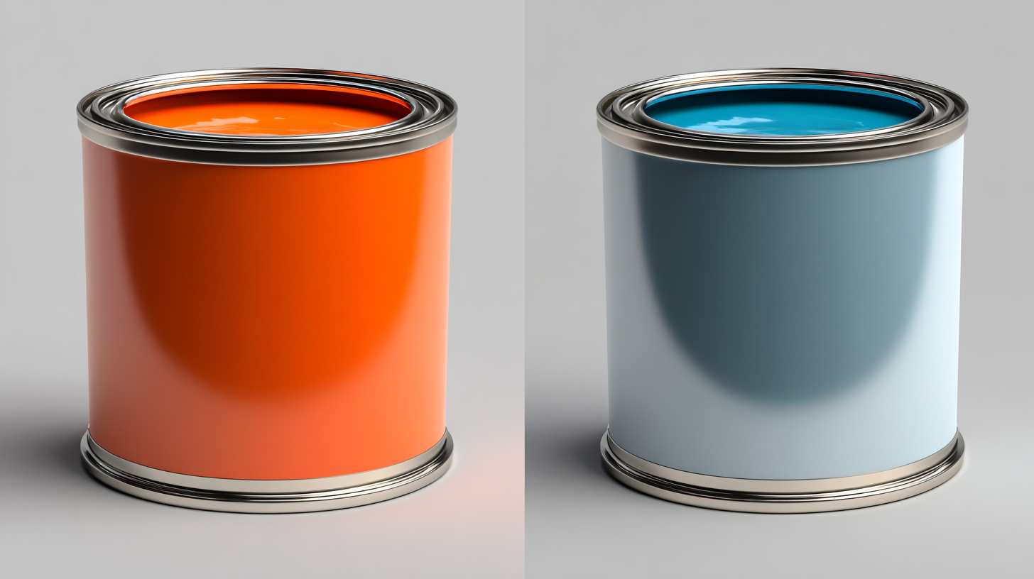 Two metal cans with orange and blue Paint Coating samples for exterior wall applications.