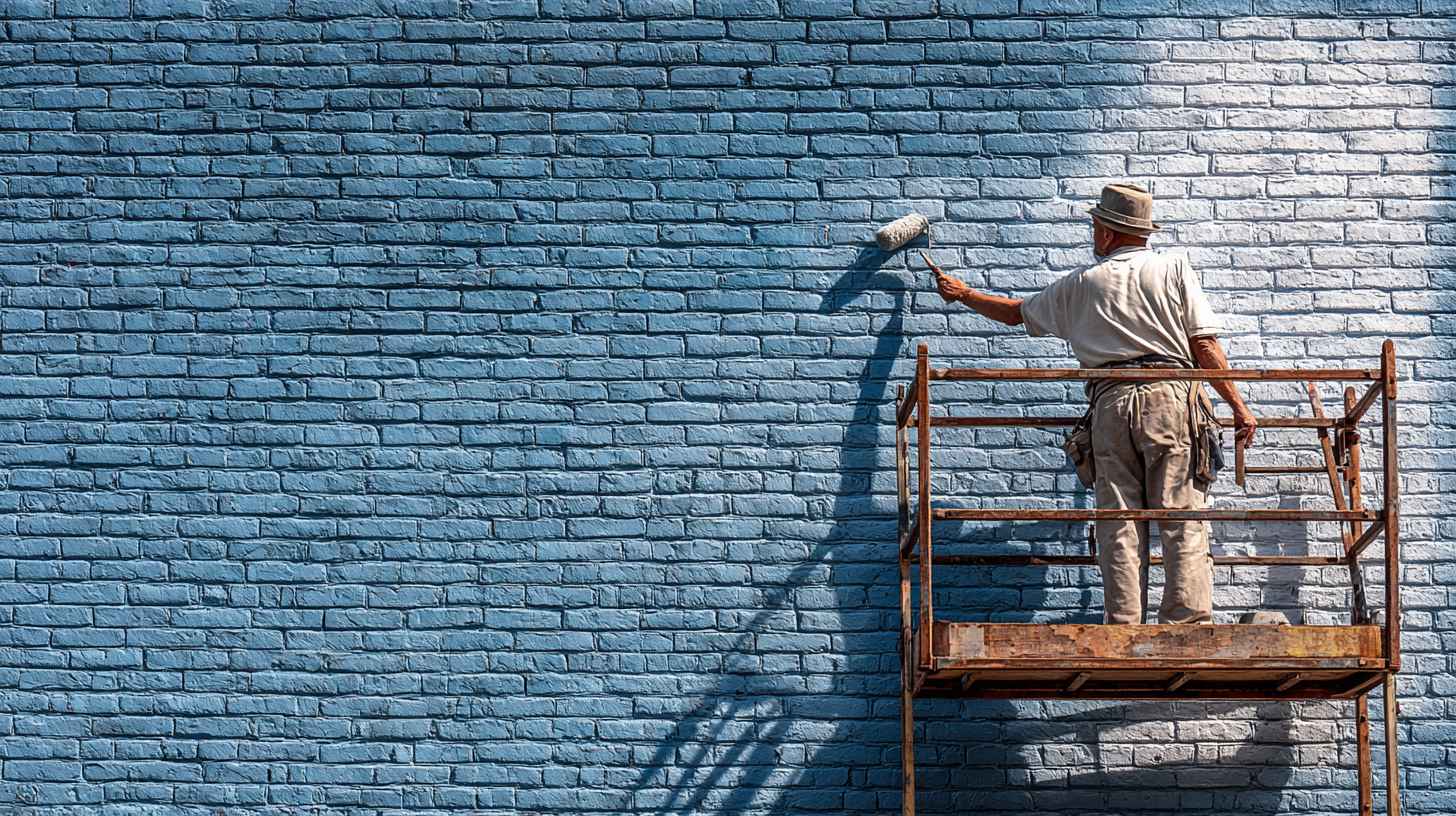 Painter applying blue paint on a brick house wall using roller on scaffolding