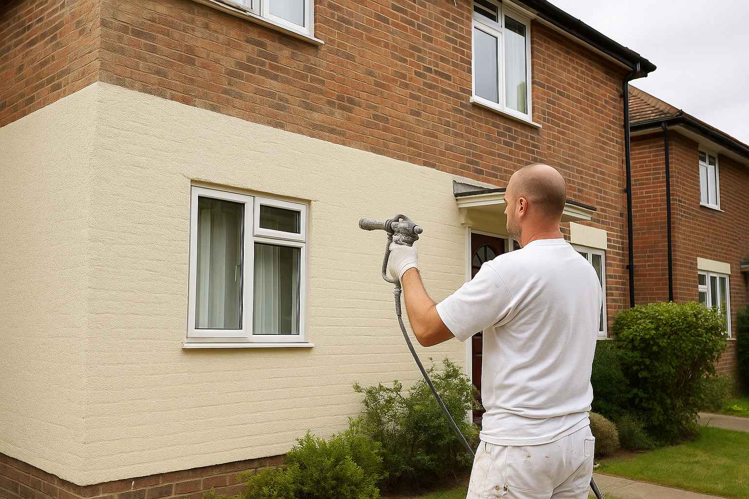 Professional painter applying cream masonry paint to a brick house exterior using a spray gun.