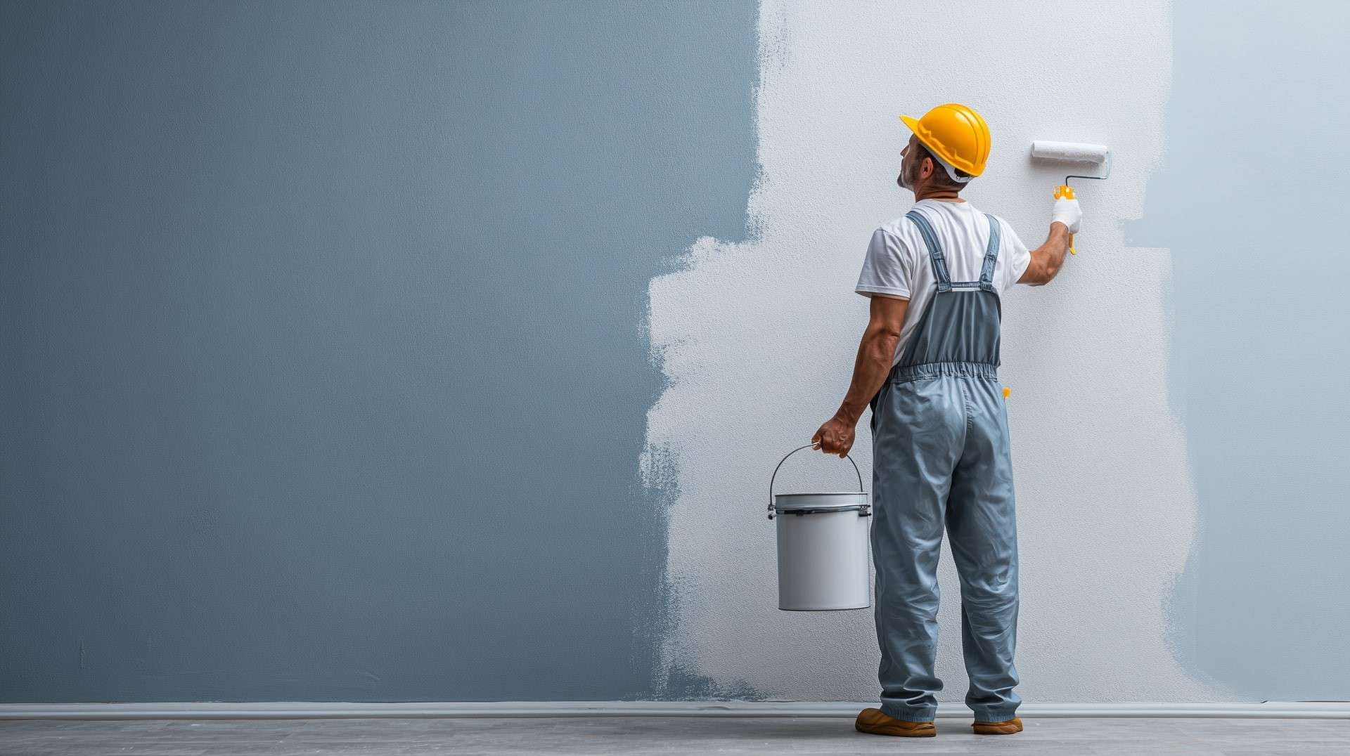 Painter using roller to apply texture paint on interior wall for stylish smooth finish.