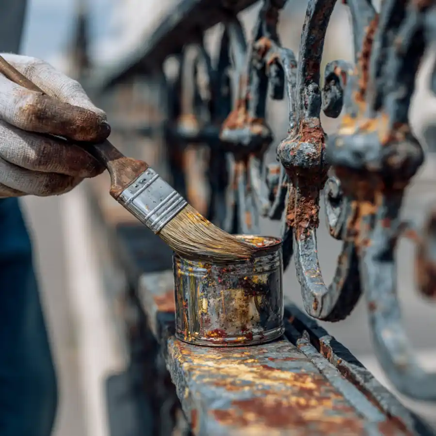 Applying protective coating while painting rusty metal fence for restoration.
